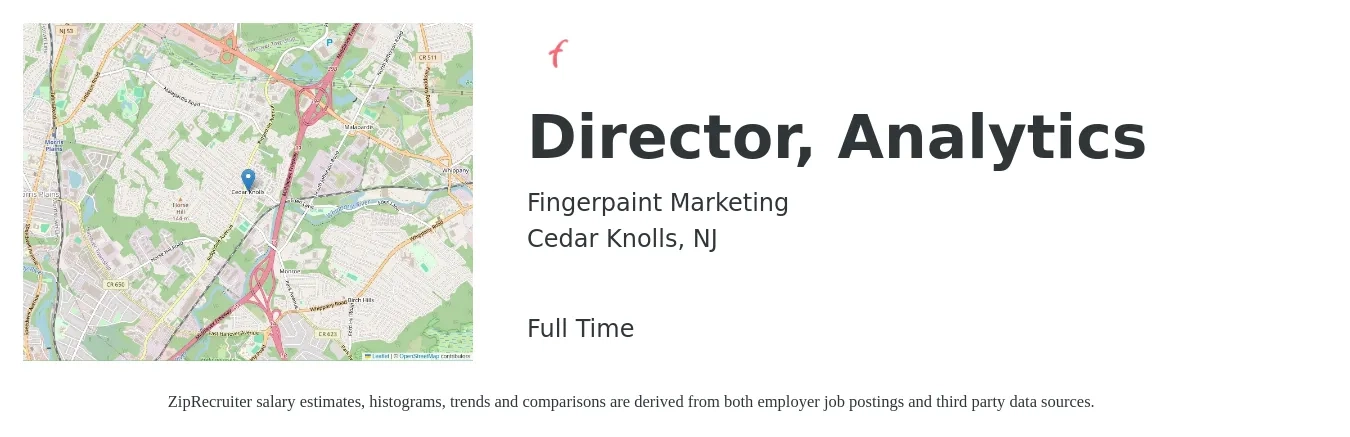Fingerpaint Marketing job posting for a Director, Analytics in Cedar Knolls, NJ with a salary of $113,700 to $182,700 Yearly with a map of Cedar Knolls location.