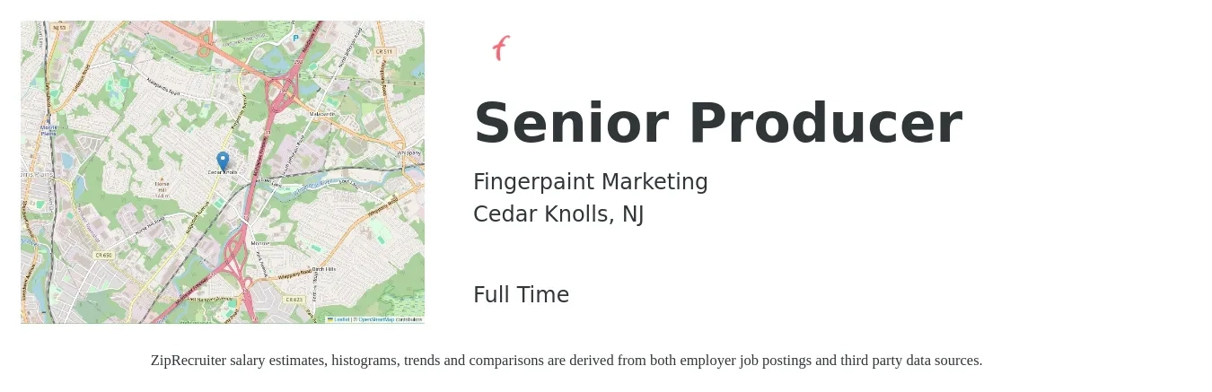 Fingerpaint Marketing job posting for a Senior Producer in Cedar Knolls, NJ with a salary of $81,700 to $136,000 Yearly with a map of Cedar Knolls location.