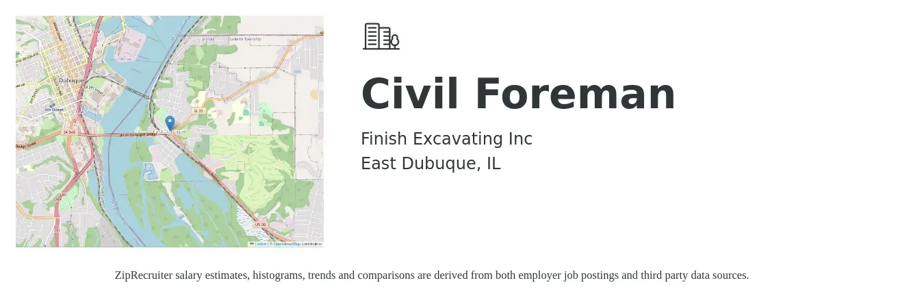 Finish Excavating Inc job posting for a Civil Foreman in East Dubuque, IL with a salary of $28 to $42 Hourly with a map of East Dubuque location.