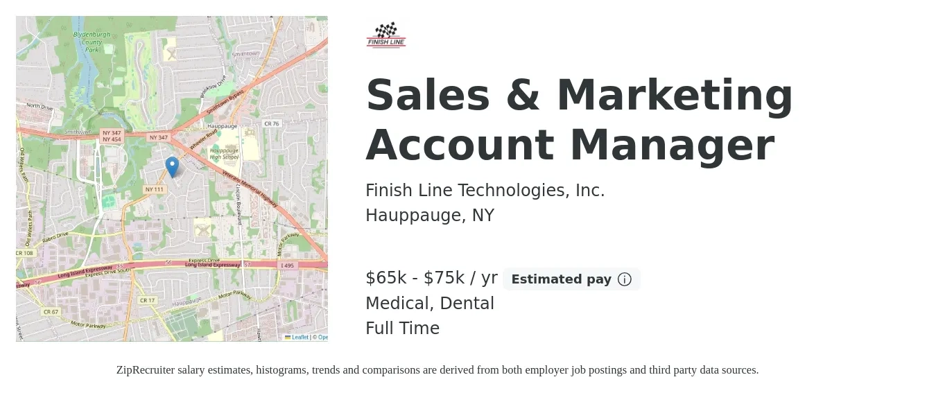 Finish Line Technologies, Inc. job posting for a Sales & Marketing Account Manager in Hauppauge, NY with a salary of $65,000 to $75,000 Yearly (plus commission) and benefits including dental, medical, pto, and retirement with a map of Hauppauge location.