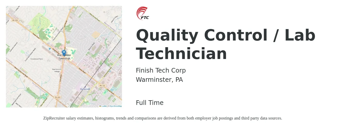 Finish Tech Corp job posting for a Quality Control / Lab Technician in Warminster, PA with a salary of $20 to $25 Hourly with a map of Warminster location.