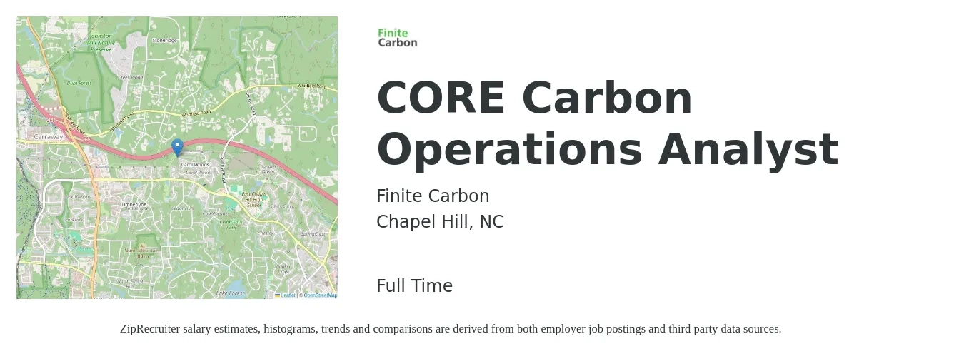 Finite Carbon job posting for a CORE Carbon Operations Analyst in Chapel Hill, NC with a salary of $83,800 to $99,100 Yearly with a map of Chapel Hill location.