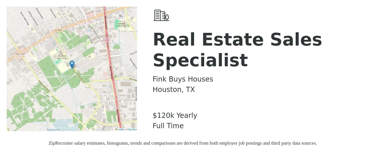 Fink Buys Houses job posting for a Real Estate Sales Specialist in Houston, TX with a salary of $120,000 Yearly with a map of Houston location.