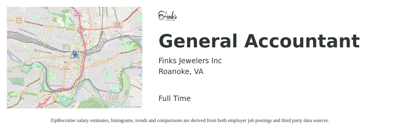 Finks Jewelers Inc job posting for a General Accountant in Roanoke, VA with a salary of $44,400 to $62,800 Yearly with a map of Roanoke location.