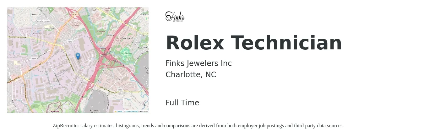Finks Jewelers Inc job posting for a Rolex Technician in Charlotte, NC with a salary of $38,600 to $57,600 Yearly with a map of Charlotte location.
