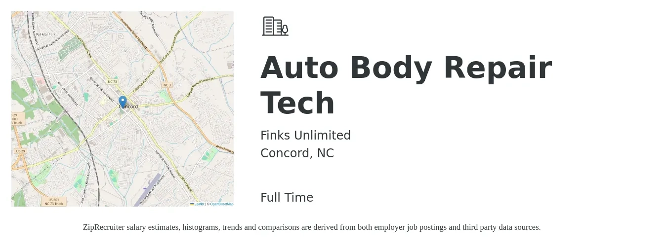 Finks Unlimited job posting for a Auto Body Repair Tech in Concord, NC with a salary of $19 to $31 Hourly with a map of Concord location.