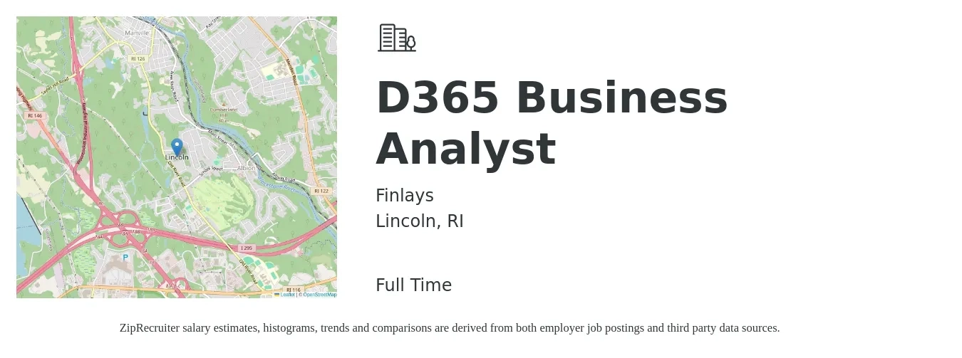 Finlays job posting for a D365 Business Analyst in Lincoln, RI with a salary of $34 to $56 Hourly with a map of Lincoln location.