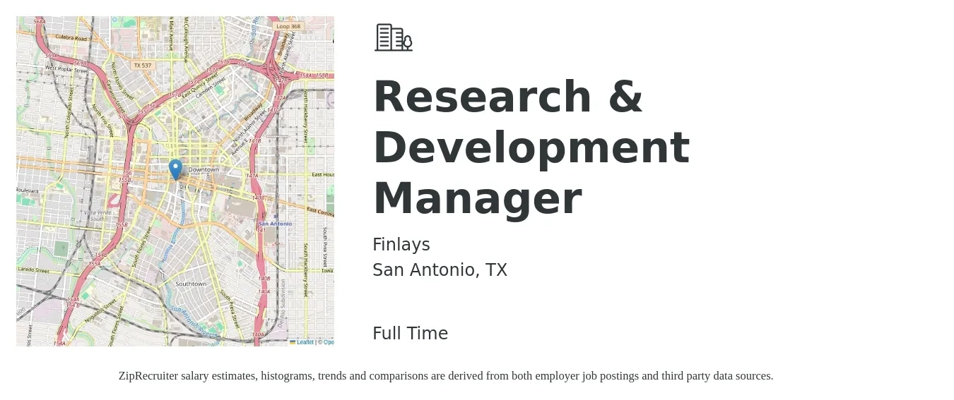 Finlays job posting for a Research & Development Manager in San Antonio, TX with a salary of $69,900 to $105,100 Yearly with a map of San Antonio location.