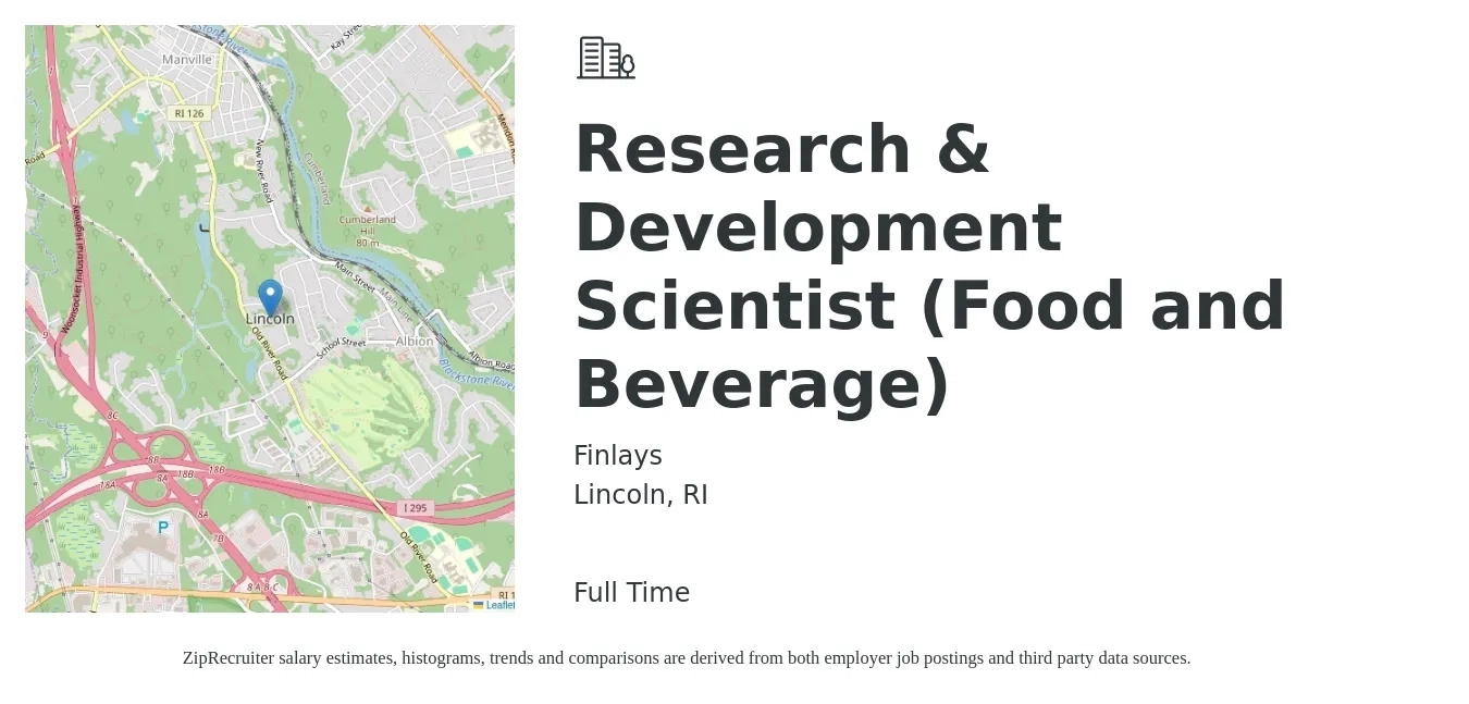 Finlays job posting for a Research & Development Scientist (Food and Beverage) in Lincoln, RI with a salary of $98,100 to $157,900 Yearly with a map of Lincoln location.