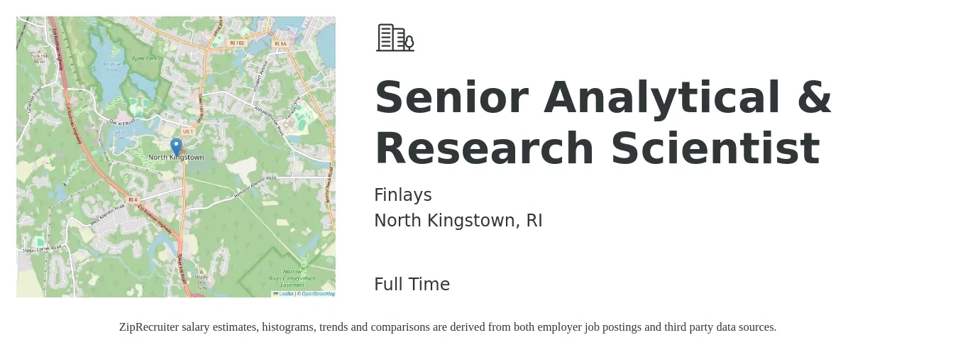 Finlays job posting for a Senior Analytical & Research Scientist in North Kingstown, RI with a salary of $95,400 to $121,600 Yearly with a map of North Kingstown location.