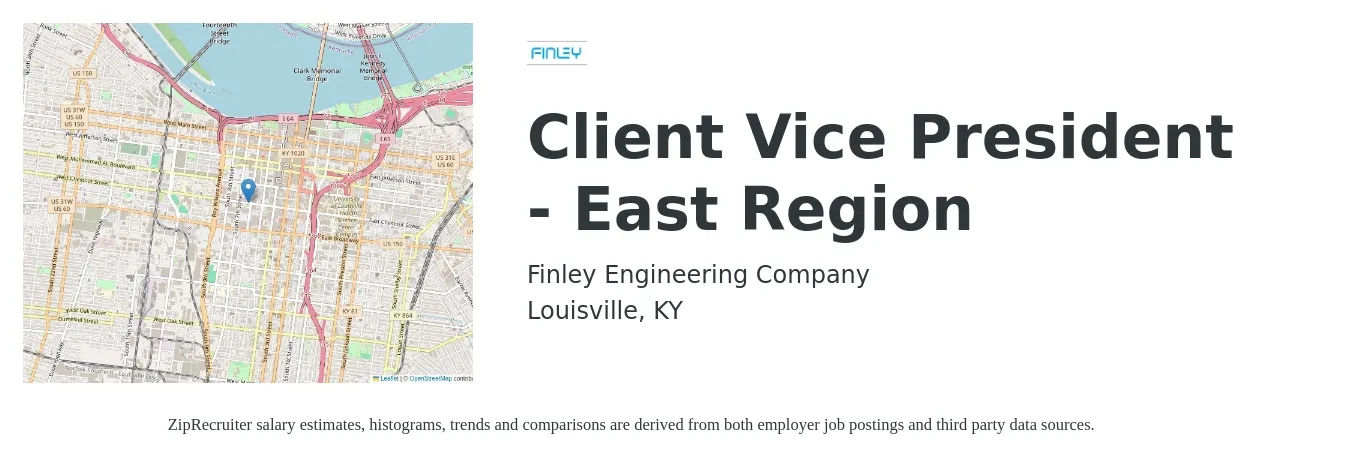 Finley Engineering Company job posting for a Client Vice President - East Region in Louisville, KY with a salary of $133,100 to $170,500 Yearly with a map of Louisville location.