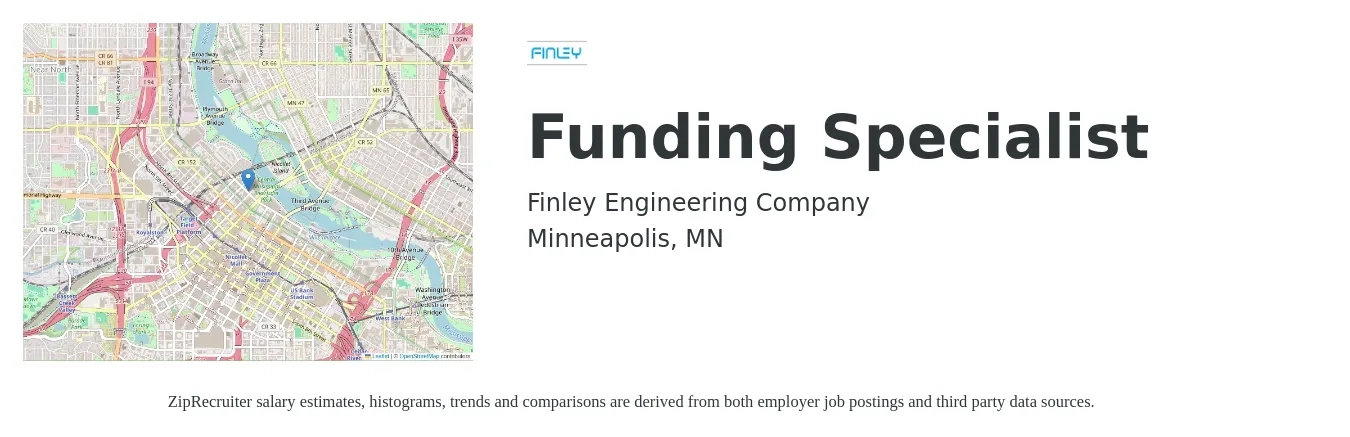Finley Engineering Company job posting for a Funding Specialist in Minneapolis, MN with a salary of $41,800 to $72,500 Yearly with a map of Minneapolis location.
