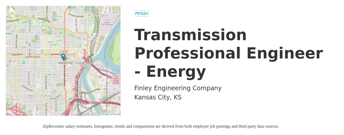 Finley Engineering Company job posting for a Transmission Professional Engineer - Energy in Kansas City, KS with a salary of $88,700 to $119,600 Yearly with a map of Kansas City location.