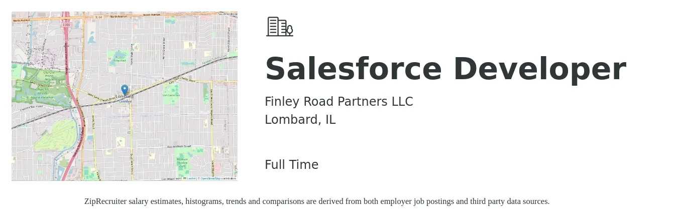 Finley Road Partners LLC job posting for a Salesforce Developer in Lombard, IL with a salary of $54 to $72 Hourly with a map of Lombard location.