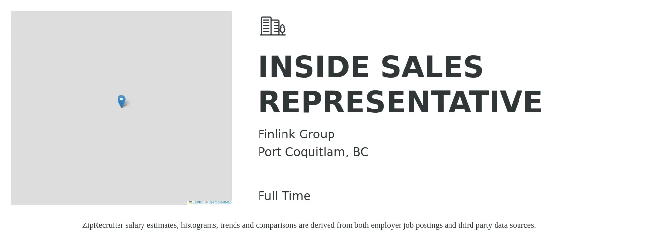 Finlink Group job posting for a Inside Sales Representative in Port Coquitlam, BC with a map of Port Coquitlam location.