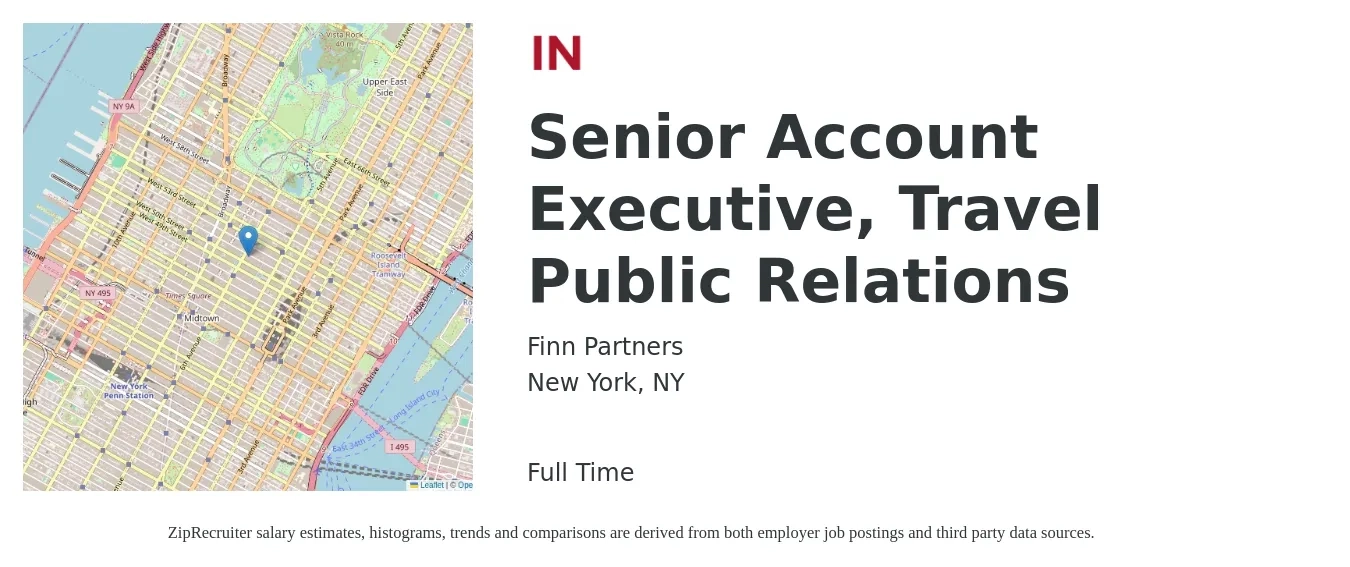 Finn Partners job posting for a Senior Account Executive, Travel Public Relations in New York, NY with a salary of $67,000 to $72,000 Yearly with a map of New York location.