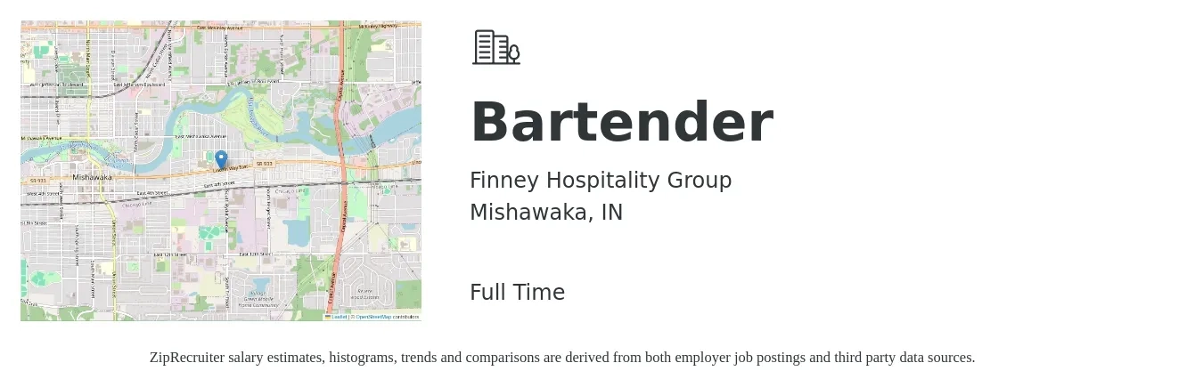 Finney Hospitality Group job posting for a Bartender in Mishawaka, IN with a salary of $10 to $18 Hourly with a map of Mishawaka location.
