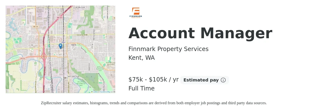 Finnmark Property Services job posting for a Account Manager in Kent, WA with a salary of $75,000 to $105,000 Yearly with a map of Kent location.