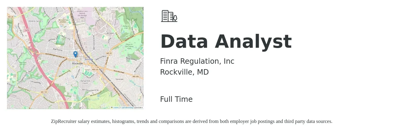 Finra Regulation, Inc job posting for a Data Analyst in Rockville, MD with a salary of $63,700 to $98,900 Yearly with a map of Rockville location.