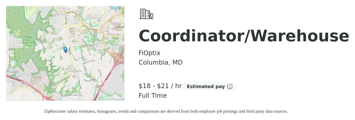 FiOptix job posting for a Coordinator/Warehouse in Columbia, MD with a salary of $19 to $22 Hourly with a map of Columbia location.