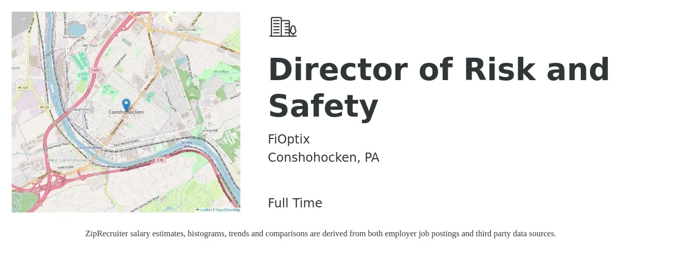FiOptix job posting for a Director of Risk and Safety in Conshohocken, PA with a salary of $103,800 to $164,900 Yearly with a map of Conshohocken location.