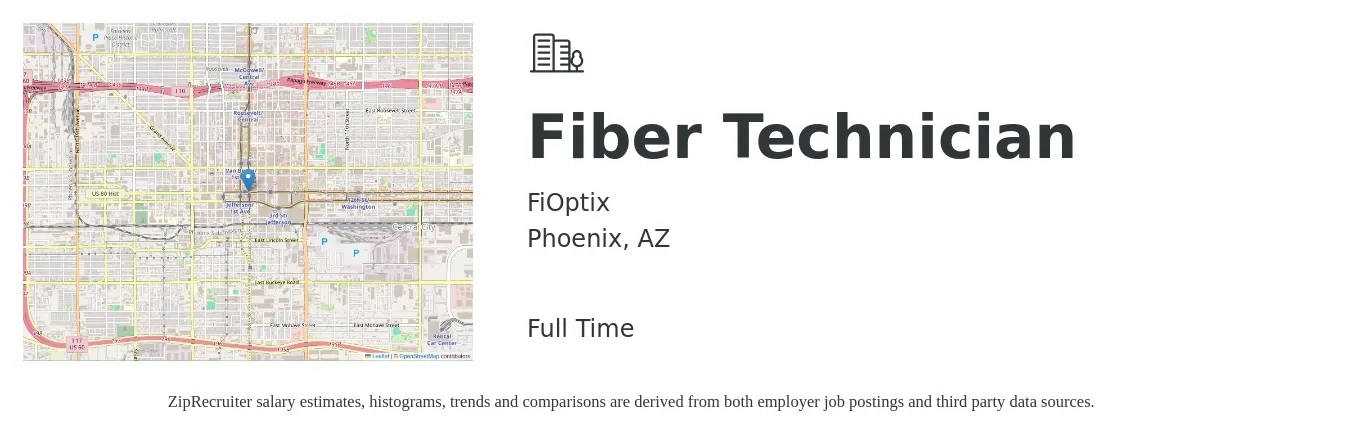 FiOptix job posting for a Fiber Technician in Phoenix, AZ with a salary of $22 to $32 Hourly with a map of Phoenix location.