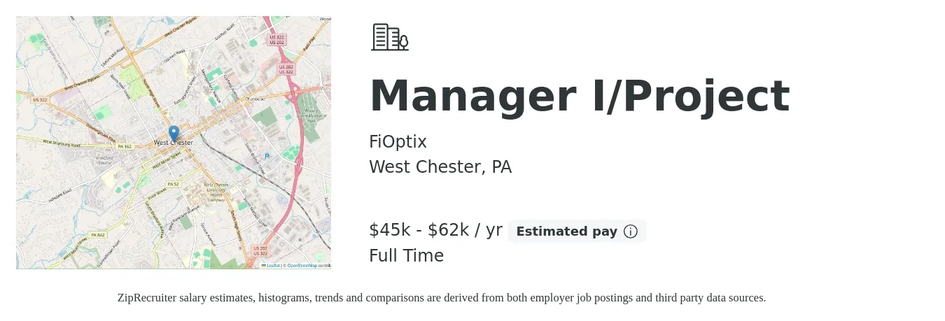FiOptix job posting for a Manager I/Project in West Chester, PA with a salary of $45,000 to $62,000 Yearly with a map of West Chester location.