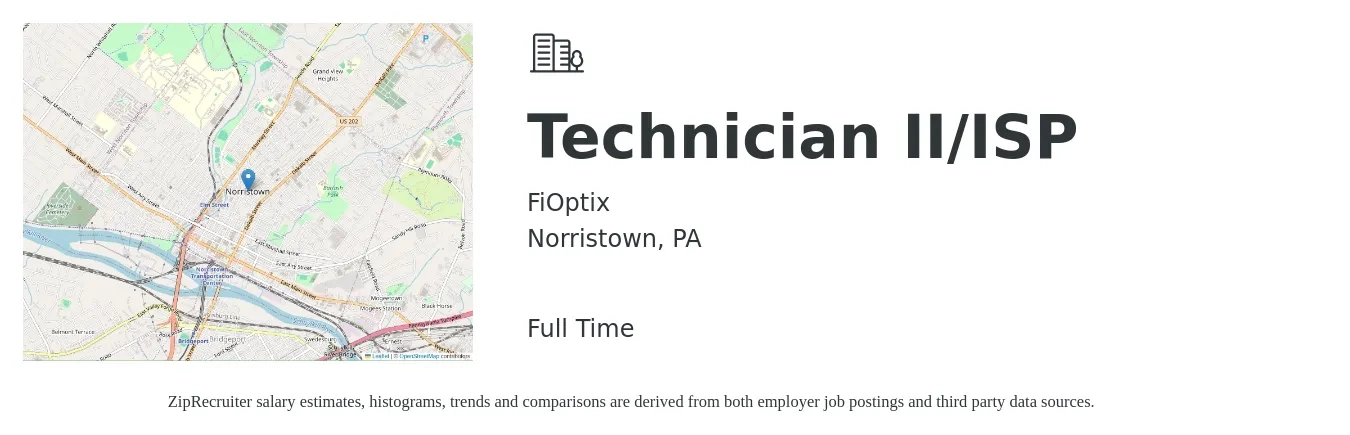 FiOptix job posting for a Technician II/ISP in Norristown, PA with a salary of $18 to $26 Hourly with a map of Norristown location.