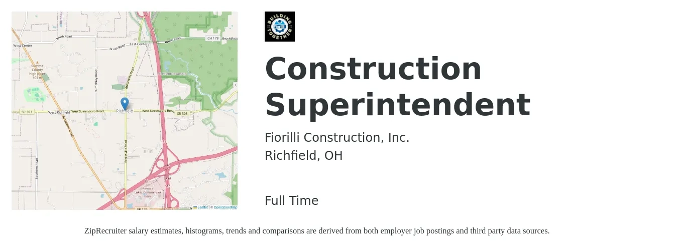 Fiorilli Construction, Inc. job posting for a Construction Superintendent in Richfield, OH with a salary of $66,300 to $107,900 Yearly with a map of Richfield location.