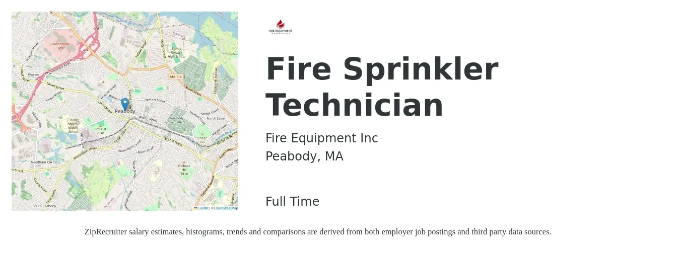 Fire Equipment Inc job posting for a Fire Sprinkler Technician in Peabody, MA with a salary of $24 to $37 Hourly with a map of Peabody location.
