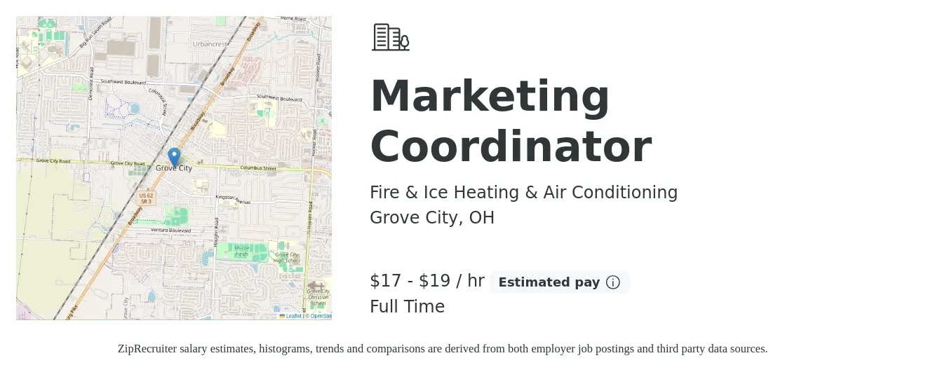 Fire & Ice Heating & Air Conditioning job posting for a Marketing Coordinator in Grove City, OH with a salary of $18 to $21 Hourly with a map of Grove City location.