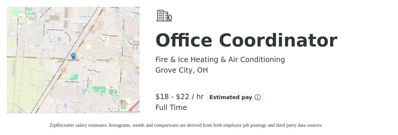 Fire & Ice Heating & Air Conditioning job posting for a Office Coordinator in Grove City, OH with a salary of $19 to $23 Hourly with a map of Grove City location.