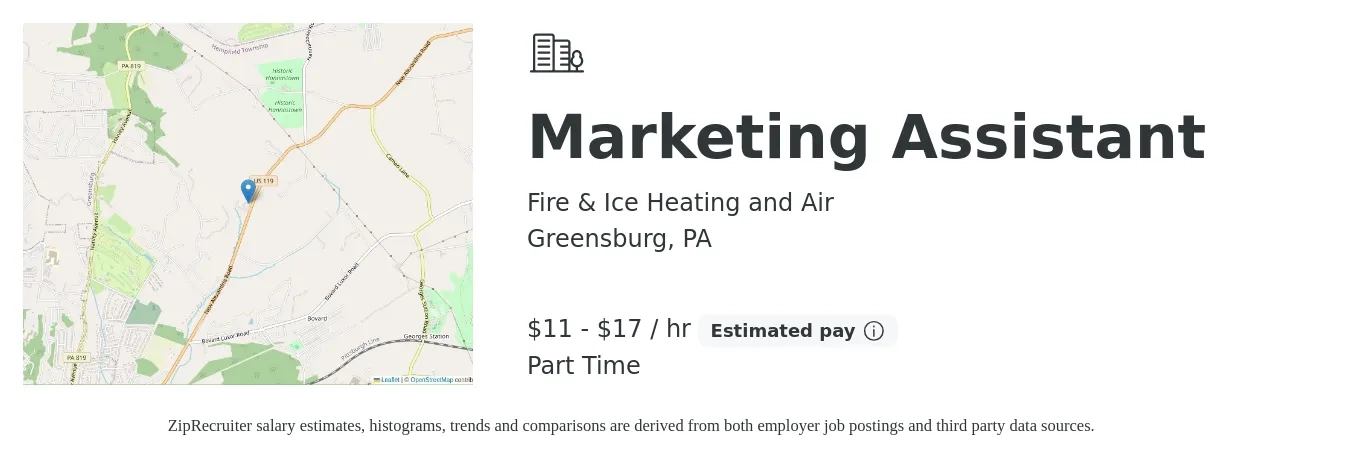 Fire & Ice Heating and Air job posting for a Marketing Assistant in Greensburg, PA with a salary of $12 to $18 Hourly with a map of Greensburg location.