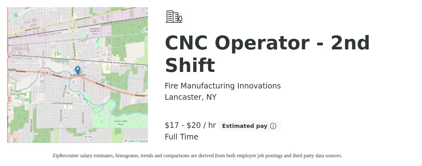 Fire Manufacturing Innovations job posting for a CNC Operator - 2nd Shift in Lancaster, NY with a salary of $18 to $22 Hourly with a map of Lancaster location.