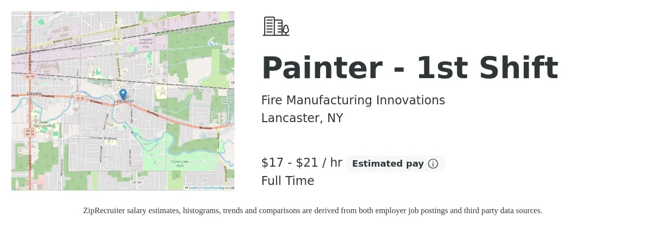 Fire Manufacturing Innovations job posting for a Painter - 1st Shift in Lancaster, NY with a salary of $18 to $22 Hourly with a map of Lancaster location.