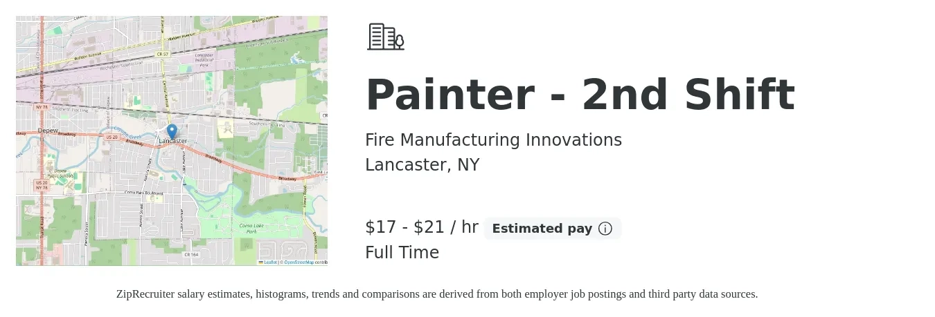Fire Manufacturing Innovations job posting for a Painter - 2nd Shift in Lancaster, NY with a salary of $18 to $22 Hourly with a map of Lancaster location.