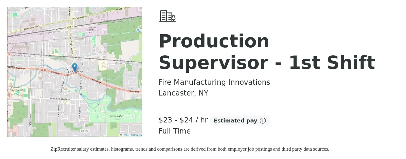 Fire Manufacturing Innovations job posting for a Production Supervisor - 1st Shift in Lancaster, NY with a salary of $24 to $25 Hourly with a map of Lancaster location.