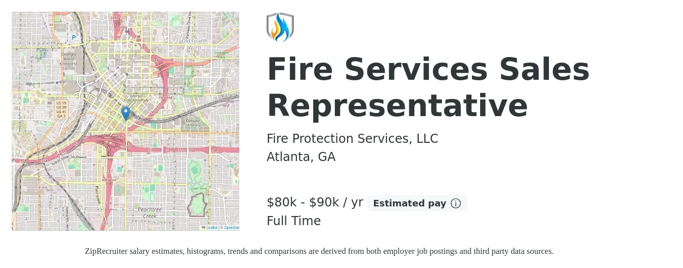 Fire Protection Services, LLC job posting for a Fire Services Sales Representative in Atlanta, GA with a salary of $80,000 to $90,000 Yearly with a map of Atlanta location.