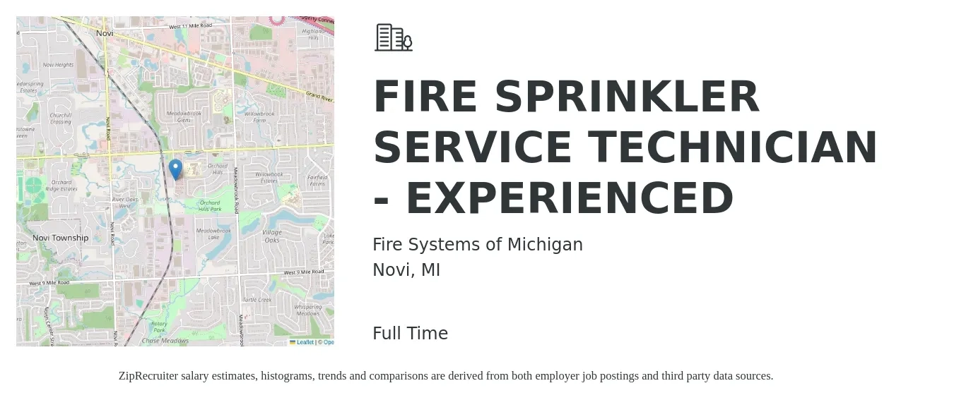 Fire Systems of Michigan job posting for a FIRE SPRINKLER SERVICE TECHNICIAN - EXPERIENCED in Novi, MI with a salary of $20 to $29 Hourly with a map of Novi location.