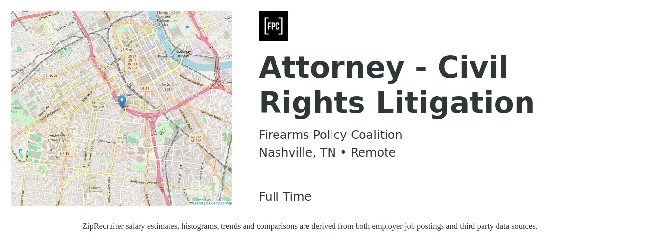 Firearms Policy Coalition job posting for a Attorney - Civil Rights Litigation in Nashville, TN with a salary of $100,000 to $125,000 Yearly with a map of Nashville location.