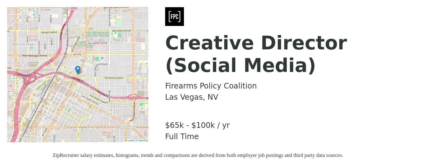 Firearms Policy Coalition job posting for a Creative Director (Social Media) in Las Vegas, NV with a salary of $65,000 to $100,000 Yearly with a map of Las Vegas location.