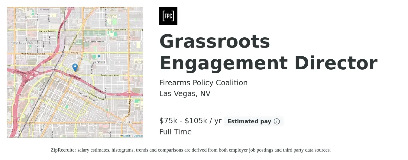 Firearms Policy Coalition job posting for a Grassroots Engagement Director in Las Vegas, NV with a salary of $75,000 to $105,000 Yearly with a map of Las Vegas location.
