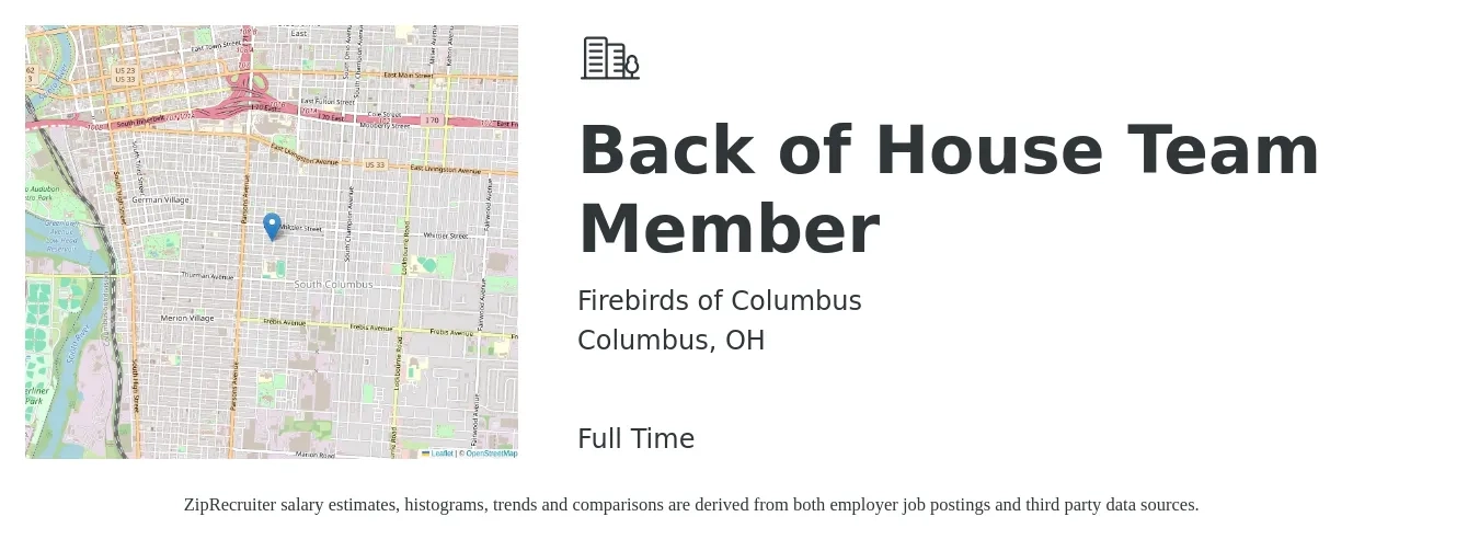 Firebirds of Columbus job posting for a Back of House Team Member in Columbus, OH with a salary of $15 to $18 Hourly with a map of Columbus location.