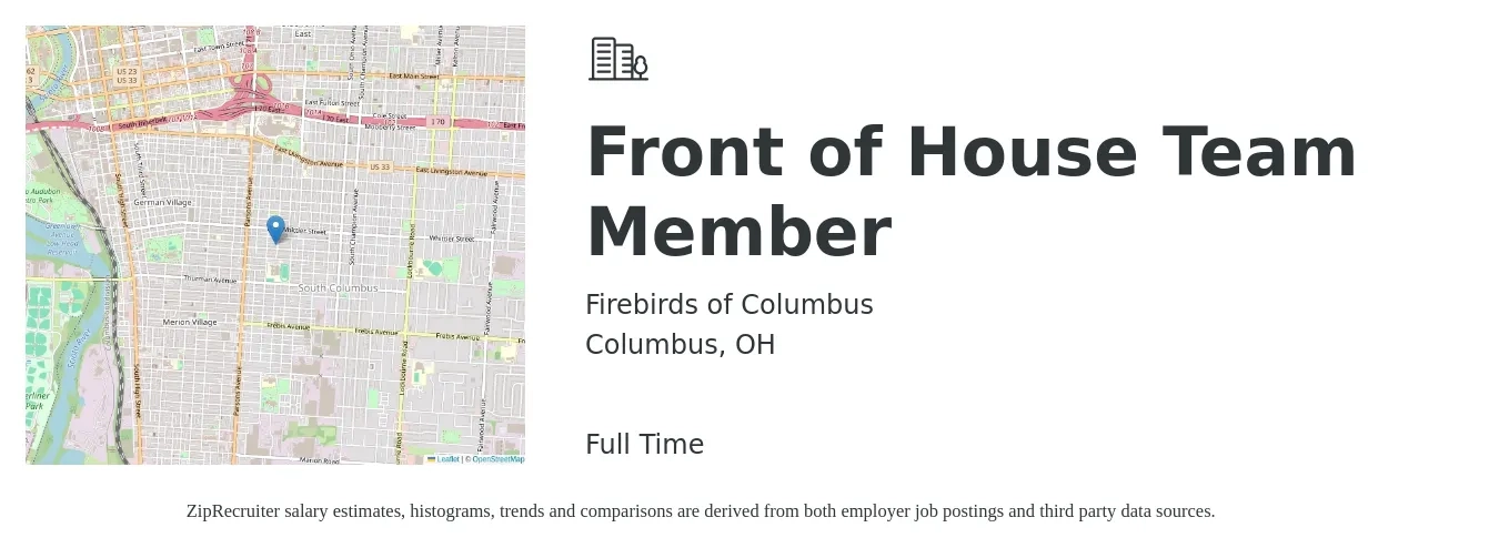 Firebirds of Columbus job posting for a Front of House Team Member in Columbus, OH with a salary of $12 to $15 Hourly with a map of Columbus location.