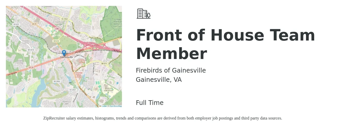 Firebirds of Gainesville job posting for a Front of House Team Member in Gainesville, VA with a salary of $12 to $16 Hourly with a map of Gainesville location.