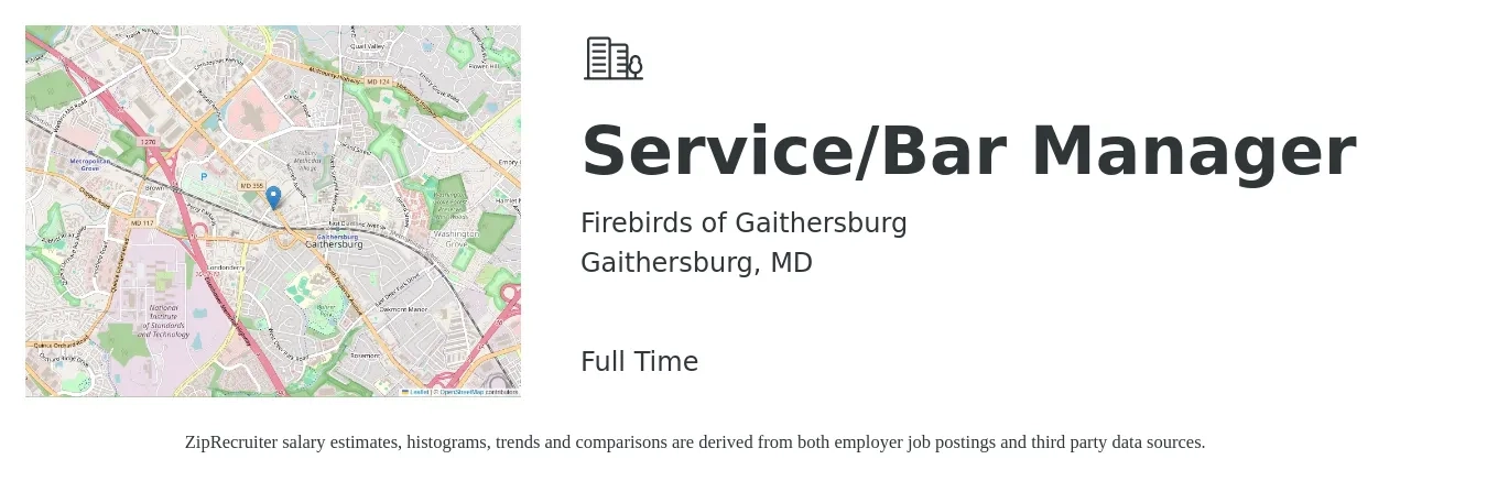Firebirds of Gaithersburg job posting for a Service/Bar Manager in Gaithersburg, MD with a salary of $43,100 to $70,300 Yearly with a map of Gaithersburg location.