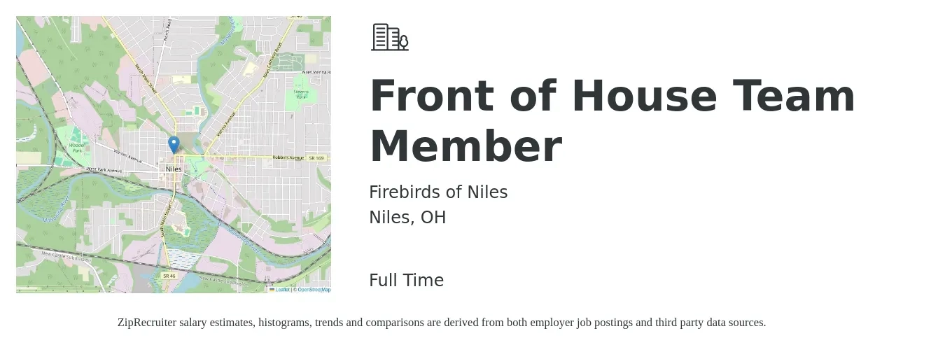 Firebirds of Niles job posting for a Front of House Team Member in Niles, OH with a salary of $11 to $14 Hourly with a map of Niles location.