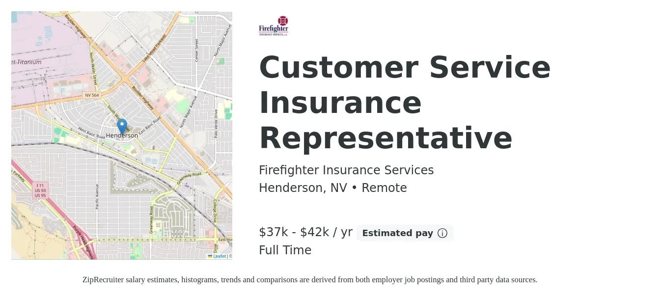 Firefighter Insurance Services job posting for a Customer Service Insurance Representative in Henderson, NV with a salary of $37,440 to $42,432 Yearly with a map of Henderson location.