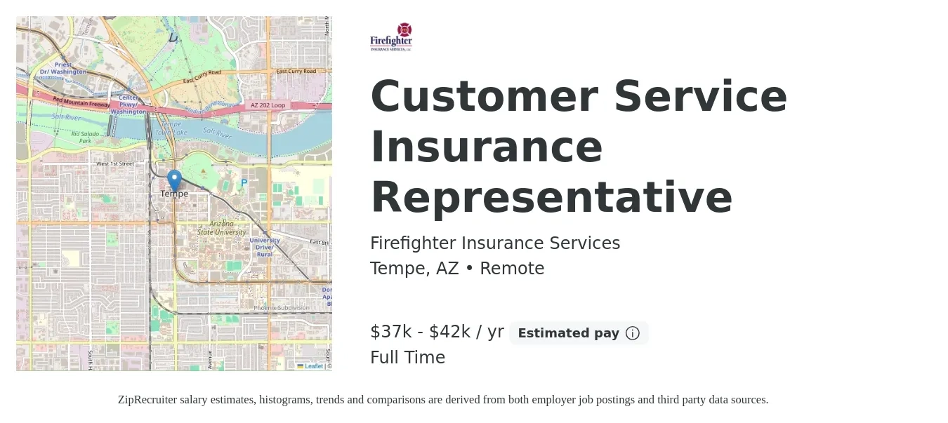 Firefighter Insurance Services job posting for a Customer Service Insurance Representative in Tempe, AZ with a salary of $37,440 to $42,432 Yearly with a map of Tempe location.