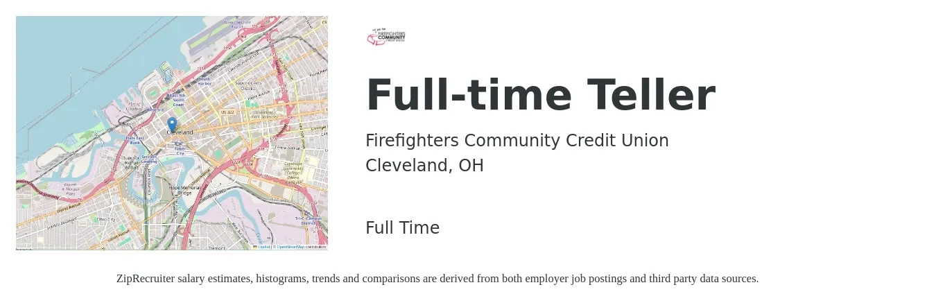 Firefighters Community Credit Union job posting for a Full-time Teller in Cleveland, OH with a salary of $14 to $15 Hourly with a map of Cleveland location.